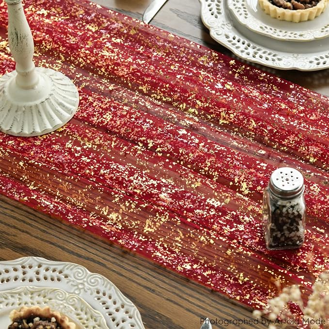 Artoid Mode 6PCS Red Gold Gauze Table Runner 120 Inch 10FT, Glitter Metallic - Image 6
