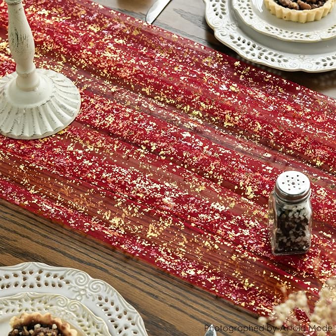 Artoid Mode 3PCS Red Gold Gauze Table Runner 120 Inch 10FT, Glitter Metallic - Image 6