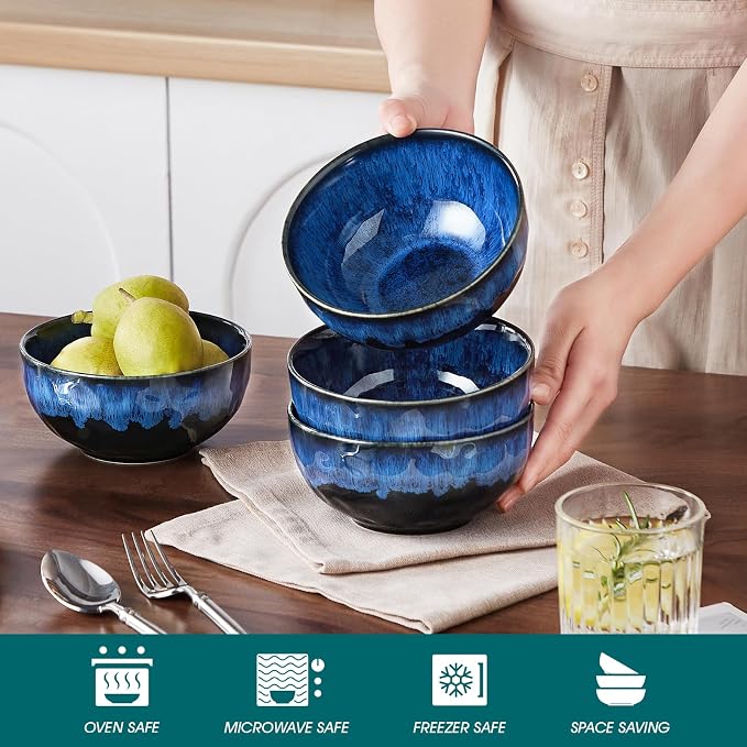 vancasso Starry 24oz Bowls for Soup, Ceramic Blue bowls Set of 4 | Deep Bowls - Image 4