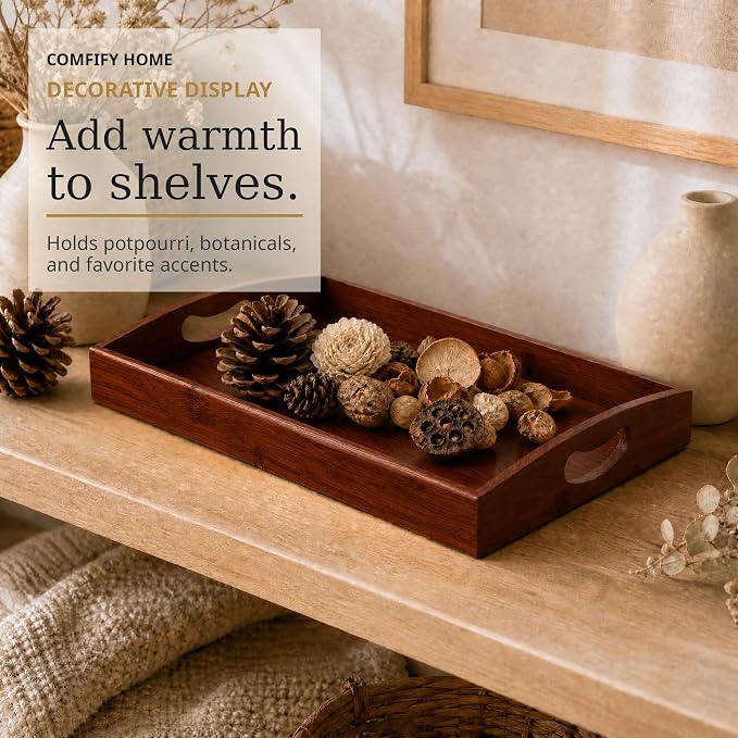Comfify Dark Brown Bamboo Serving Trays Set of 3 – Nesting Ottoman Trays | - Image 8