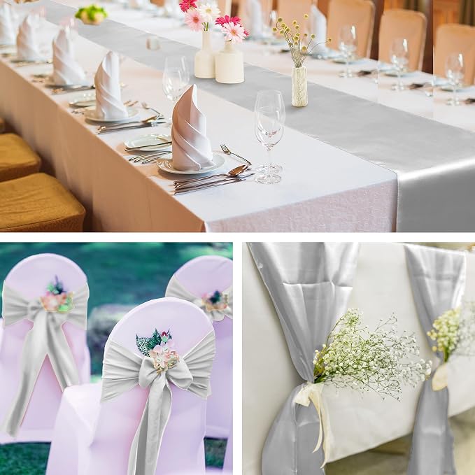 Aneco 12 Pack Satin Table Runner 12 x 108 Inch Light Silver Long Wedding Satin - Image 6