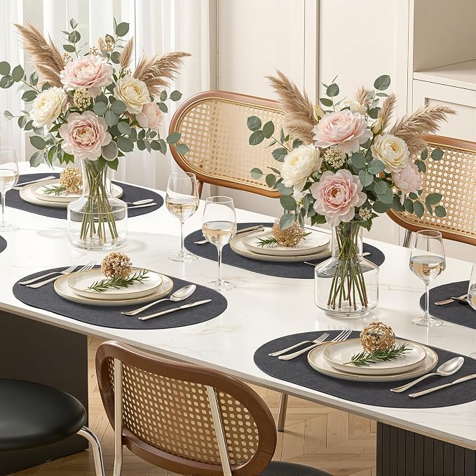 Placemats Set of 6, 11.8 x 17 Inch, Dark Grey | Heat Resistant Oval Faux - Image 9
