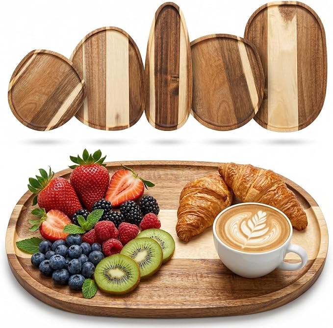 Okllen Set of 5 Small Acacia Wood Serving Platter and Trays, Irregular Oval by Okllen