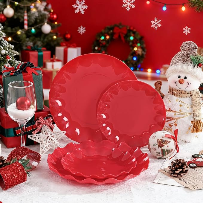 LIYH 50 Pcs Red Plastic Plates Reusable Christmas Plastic Plates Unbreakable - Image 4