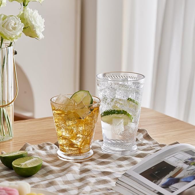 4 Pack Embossed Vintage Mixed Drinking Glasses, 12 Oz & 9 Oz Glasses | Embossed - Image 6