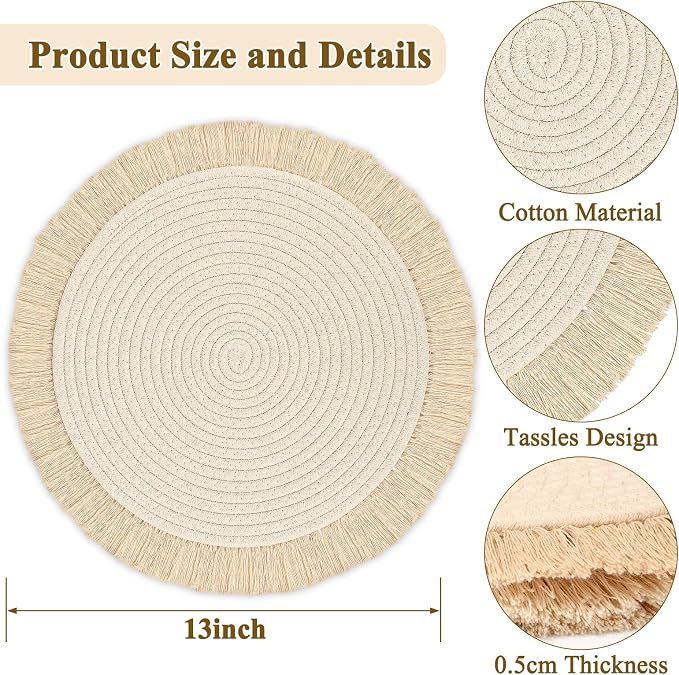 Round Placemats Set of 4 Table Mats 13Inch Washable Cotton Heat Resistant - Image 2