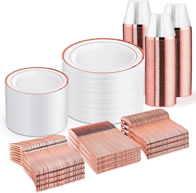 WELLIFE 600 PCS Rose Gold Disposable Dinnerware Set by WELLIFE