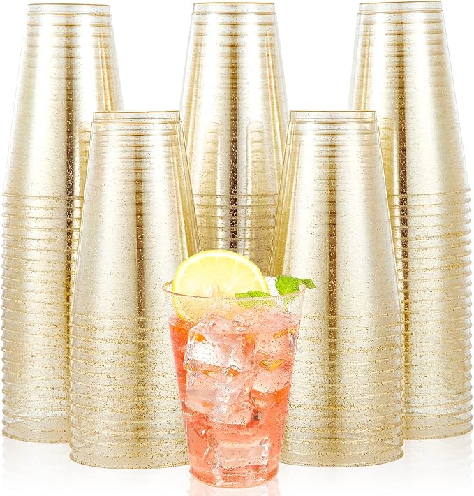 JOLLY CHEF 100 Pack 14 oz Gold Disposable Gold Glitter Plastic Cups Party Cups by JOLLYCHEF