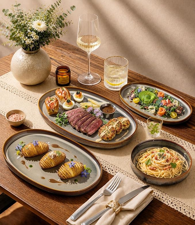 Ceramic Serving Platter Set of 3, Oval Serving Plates and Dishes | - Image 2