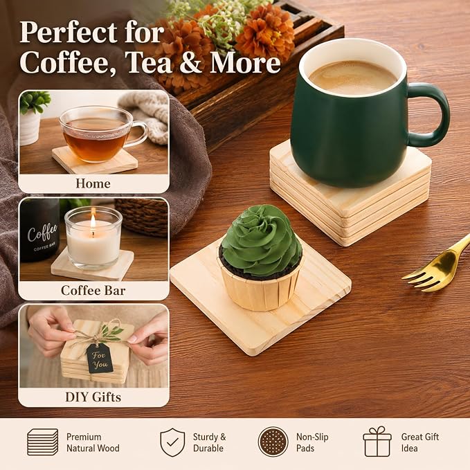 CYEAH 50 Pack Unfinished Square Wood Coasters, 4 Inch Blank Wooden Coasters - Image 7