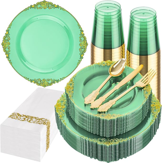 175 Pcs Clear Green Plates for Party | Elegant Disposable Dinnerware for 25 by Hioasis