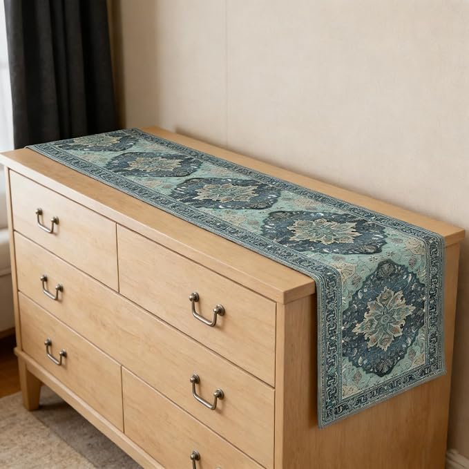 OYIMUA Boho Floral Pattern Summer Table Runner 36 Inches Long Teal and Blue - Image 3