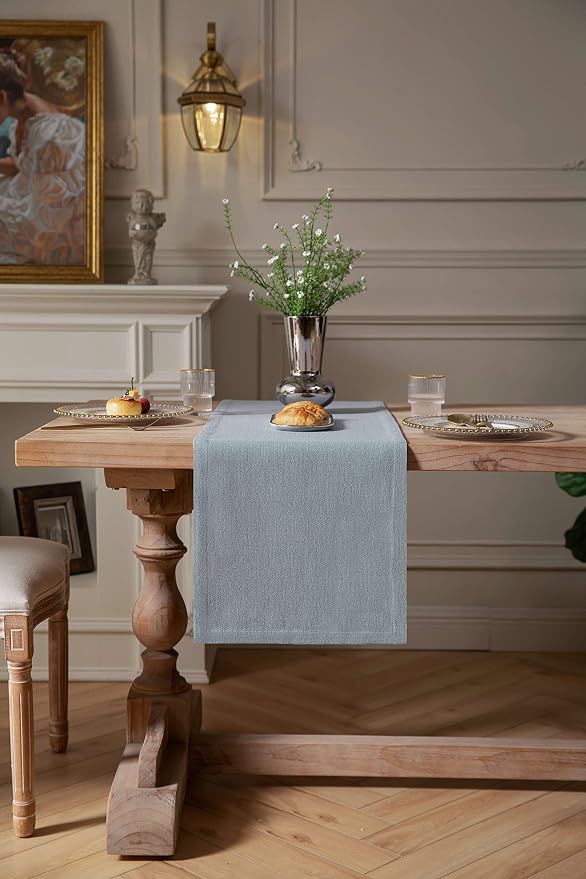 Burlap Style Farmhouse Table Runner, 14x60 Inches Light Dusty Blue | Thick - Image 2