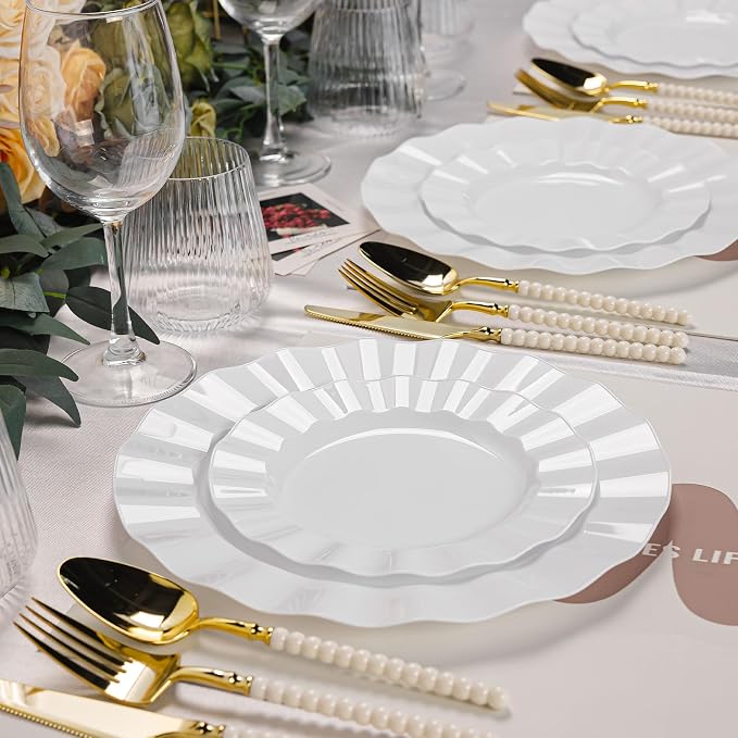 60 Pcs White Plates, Wave Edge Design Disposable Plastic Plates | Disposable - Image 5
