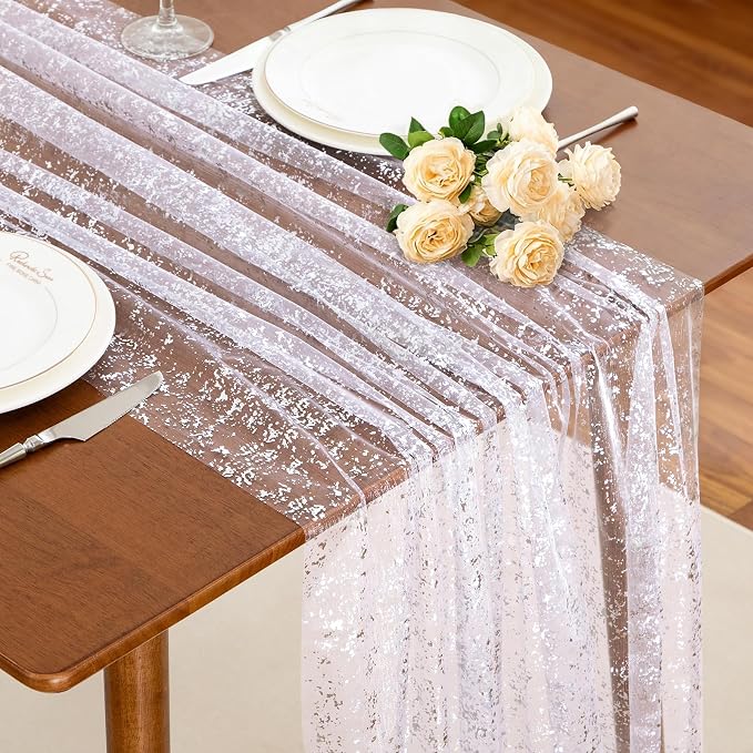 SiinvdaBZX White Silver Sheer Tulle Table Runner 120 Inch/10 Ft Long | Gauze by SiinvdaBZX