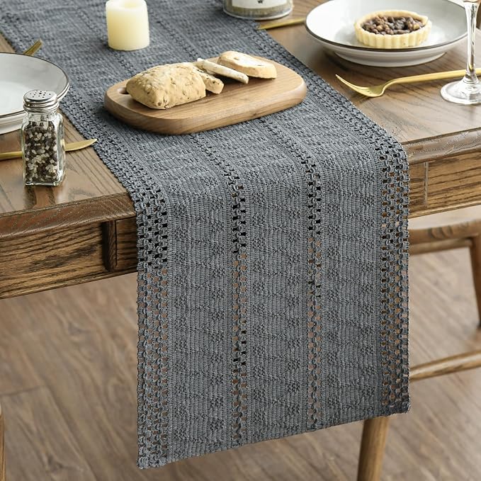 Artoid Mode Dark Grey Woven Farmhouse Hollow Table Runner 12x48 Inch | Holiday - Image 2