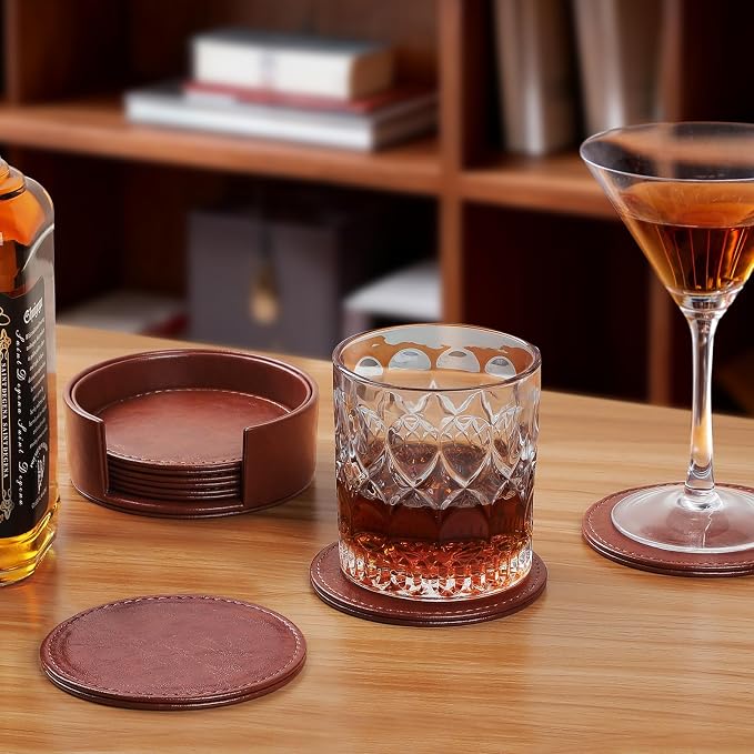 Leather Coasters Set of 6 with Holder, Tabletop Protection, Coffee Table & Bar - Image 2