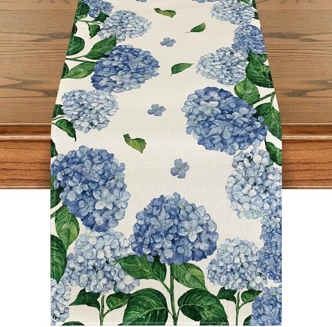Artoid Mode Watercolor Hydrangea Summer Table Runner, Seasonal Spring Kitchen by ArtoidMode