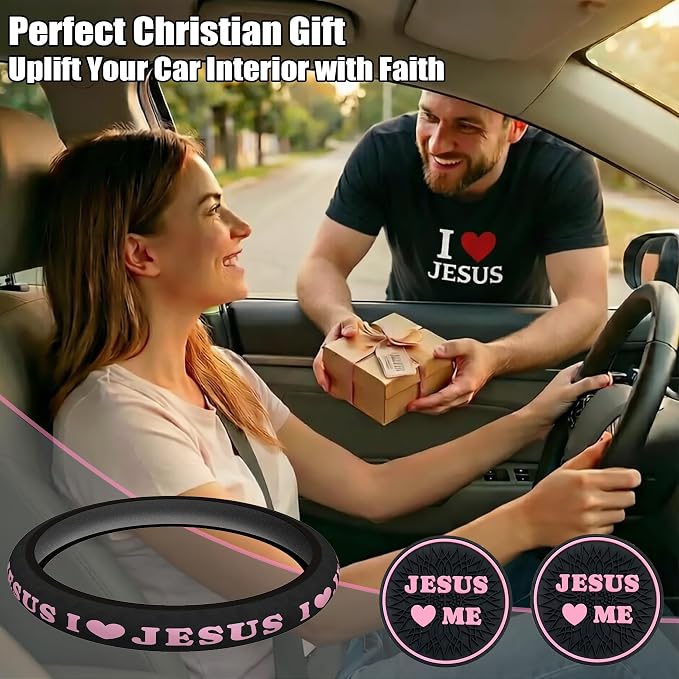 Christian I Love Jesus Pink Steering Wheel Cover - Image 6