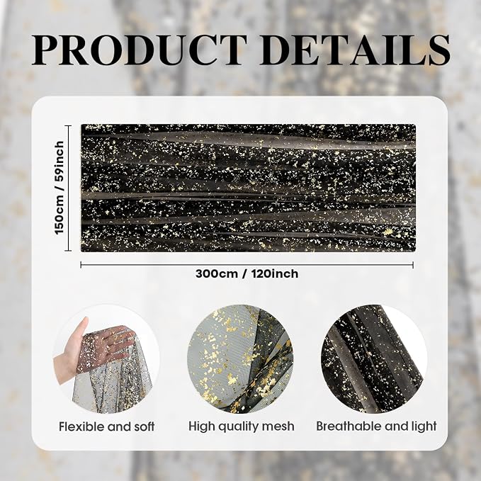 Artoid Mode Black Gold Gauze Table Runner 59x120 Inch 10FT, Glitter Metallic - Image 7
