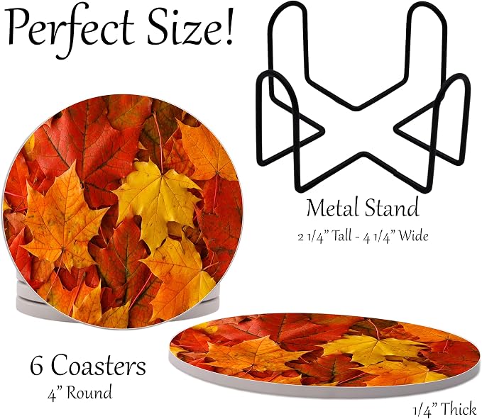 Fall Season Leaves Round Coasters Set of 6 - Image 2