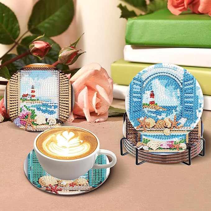 8 PCS Diamond Art Coasters Kits Lighthouse Diamond Painting Coaster | Diamond - Image 5