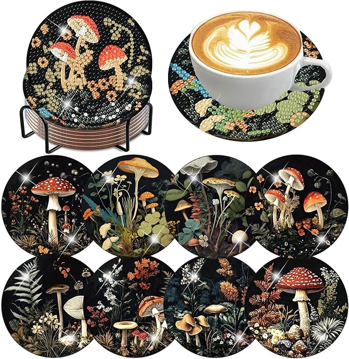 8 Pcs Mushroom Forest Diamond Art Coasters Kit by Ekuxom