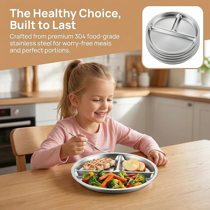 BEWBBAT 4 Pack 304 Stainless Steel Divided Plate, 8 Inch 3 Section Round - Image 5