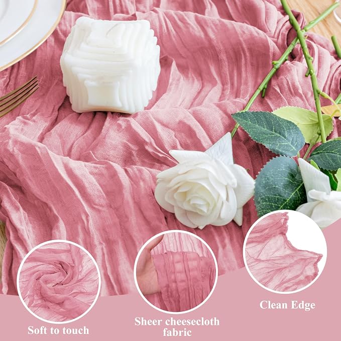 Cheesecloth Table Runner Dusty Rose 10FT Boho Gauze Table Runners | 120 Inch - Image 3