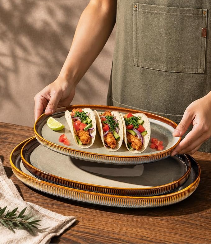 Ceramic Serving Platter Set of 3, Oval Serving Plates and Dishes | - Image 4
