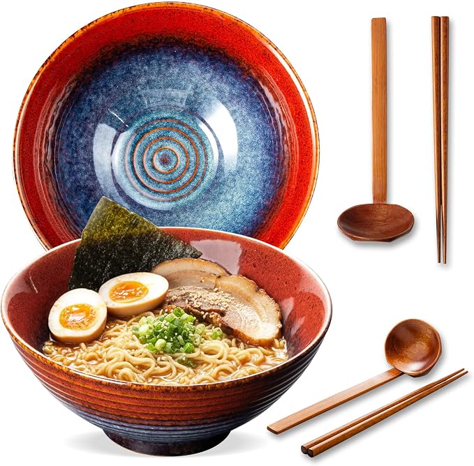 8 Inch Ceramic Ramen Bowl Set of 2, 40oz Japanese Bowls by ArtifexCeram