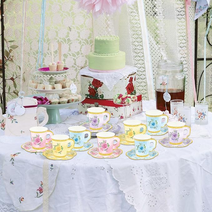 48 Sets Floral Paper Tea Cups and Saucers Disposable Tea Party Supplies - Image 7