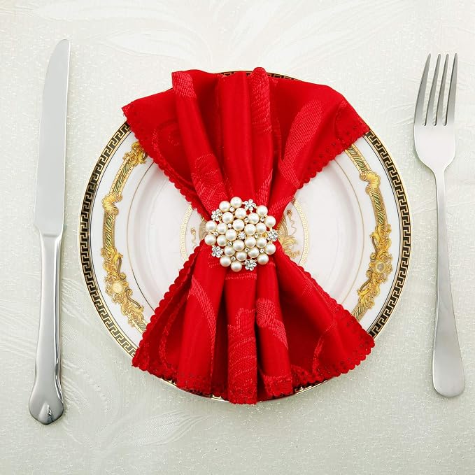 Hotop 100 Pcs Gold Napkin Rings Pearls and Flower Napkin Buckles Rhinestone - Image 2