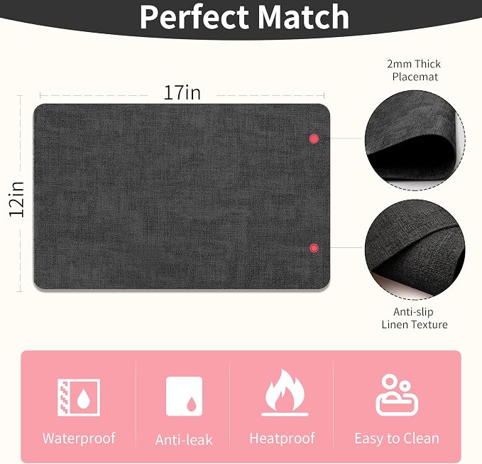 Maxpearl Faux Leather Placemats Set of 6, Dark Grey | Waterproof - Image 6