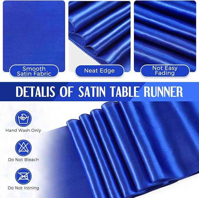 24 Pack Royal Blue Disposable Plastic Tablecloths and Satin Table Runner Set - Image 4