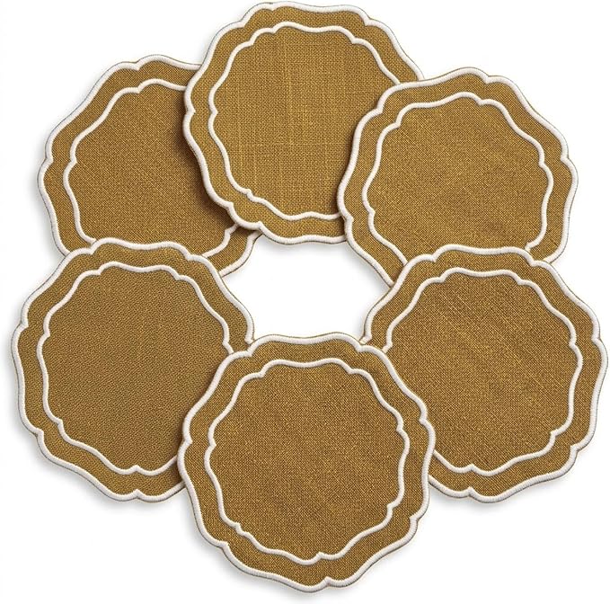Linen Coasters for Drinks, 4.5 inch, Curry | Absorbent Linen Drink Mats by EmbroideryLinenVN