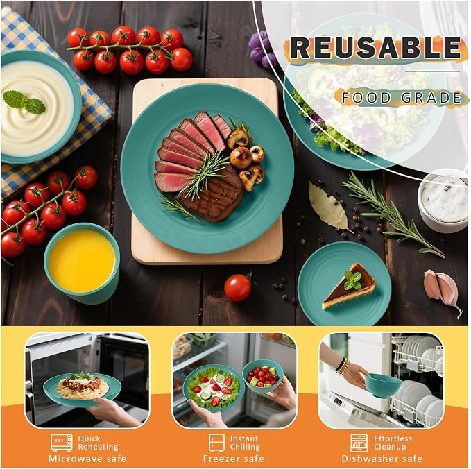 Wheat Straw Dinnerware Sets, Unbreakable Plates and Bowls Sets, Microwave Safe - Image 6