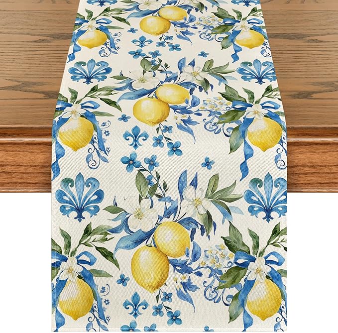 Artoid Mode Blue Lemon Iris Summer Table Runner, Seasonal Spring Kitchen Dining by ArtoidMode