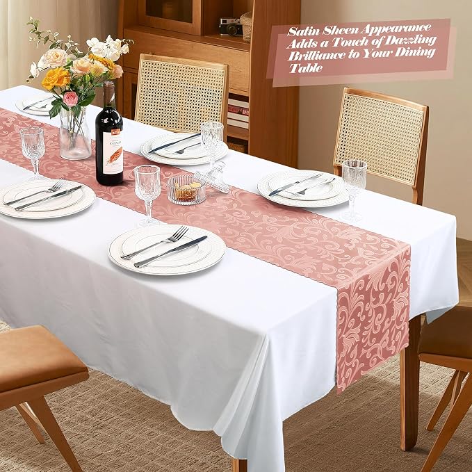 MILVOWOC 12 Pack Rose Gold Satin Table Runner, 12 x 72 Inch | Jacquard Damask - Image 6