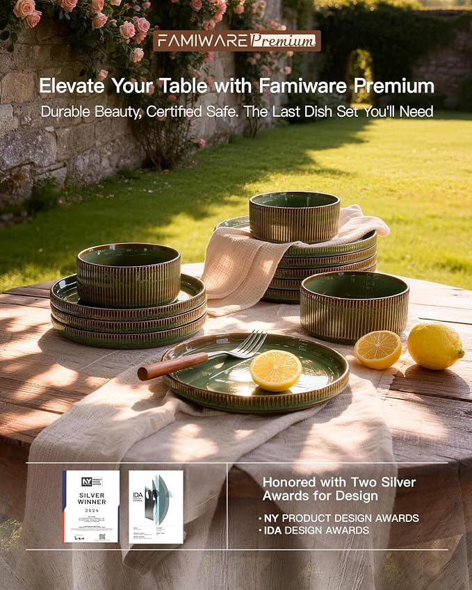 Stoneware Dinnerware Set for 4, Reactive Glaze, Moss Green | 12-Piece Everyday - Image 8