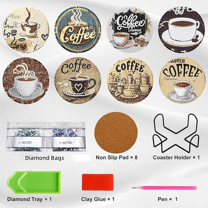 Ekuxom 8 PCS Coffee Diamond Art Coasters Kits - Image 3
