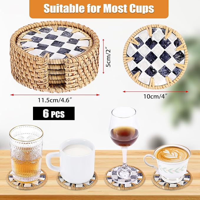 Boho Coastal Coasters Set of 6, Handwoven Rattan Coasters - Image 4