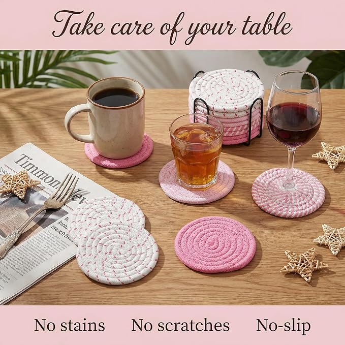 Drink Coasters Set of 8 with Holder, Cotton Woven - Image 3