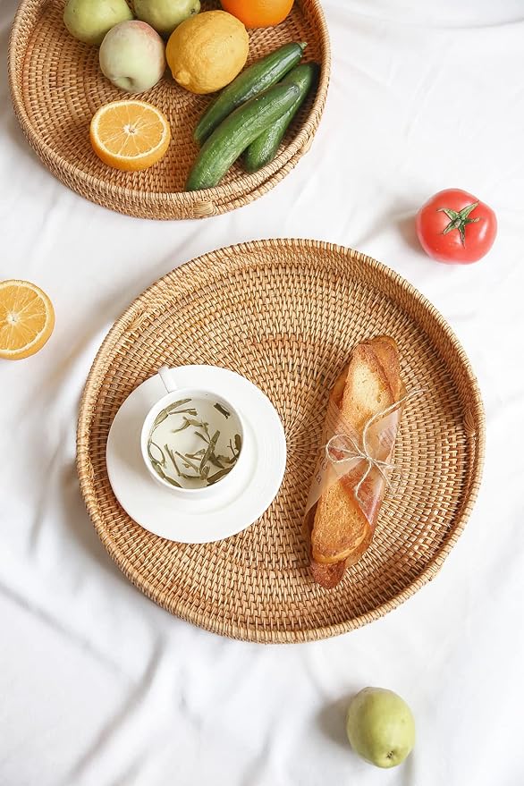 HITOMEN 14.2" Hand-Woven Round Rattan Serving Tray Decorative Ottoman Wicker - Image 3