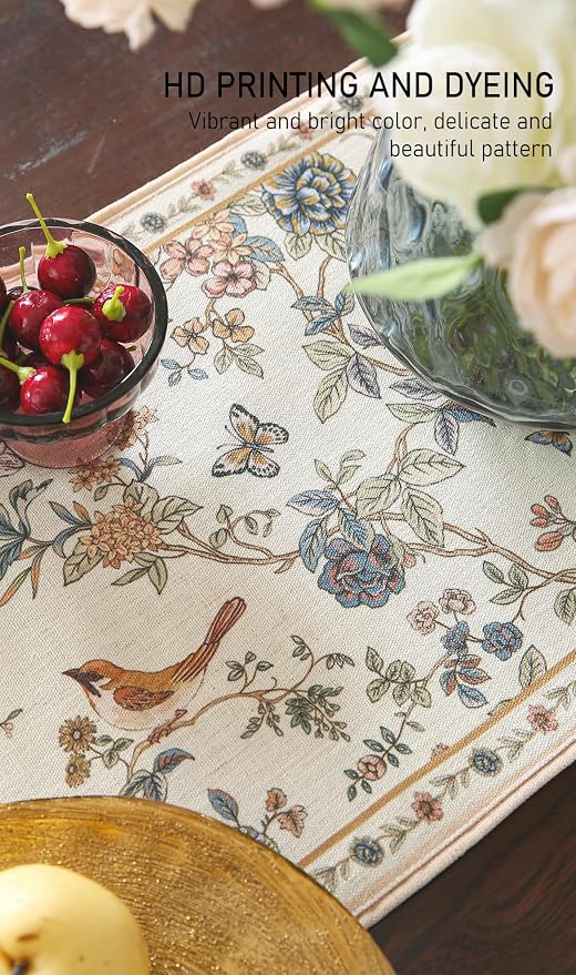 Designer French Linen Table Runner, Floral Bird Pattern, Dining Table, - Image 5
