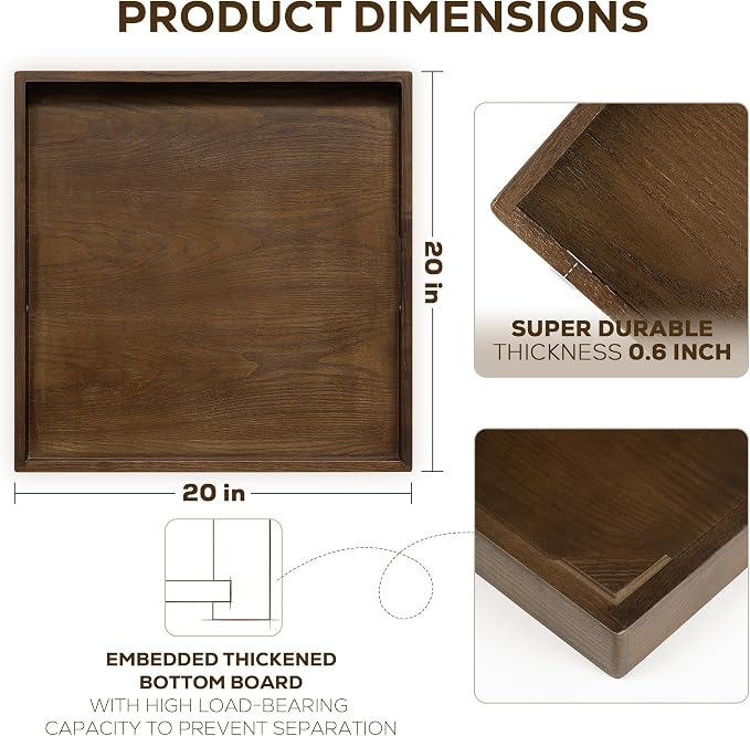 20 Inch Large Square Wooden Ottoman Tray - Image 2