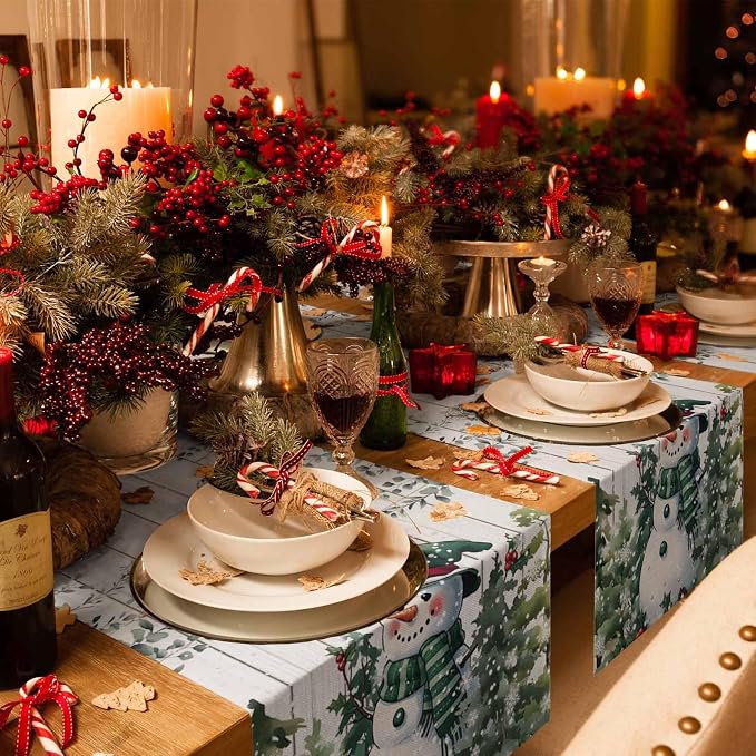 Christmas Snowman Table Runner 120 Inches Long, Xmas Trees Eucalyptus Leaves - Image 6