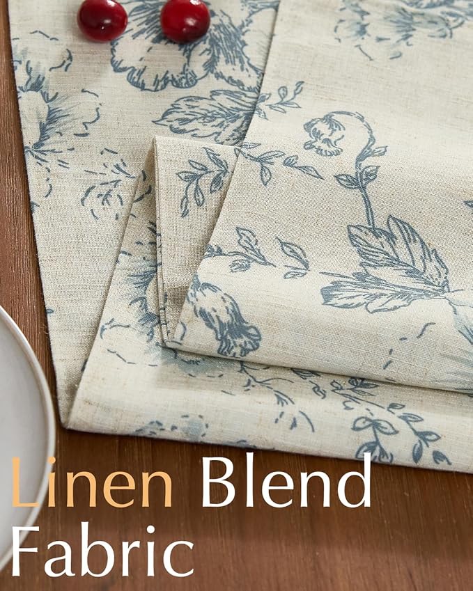 jinchan Blue Floral Linen Table Runner 13 x 108 Inch Farmhouse | Classic - Image 4
