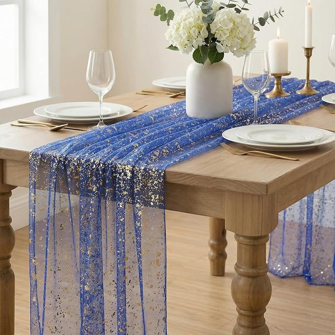 Artoid Mode Blue Gold Gauze Table Runner 59x120 Inch 10FT, Glitter Metallic - Image 2