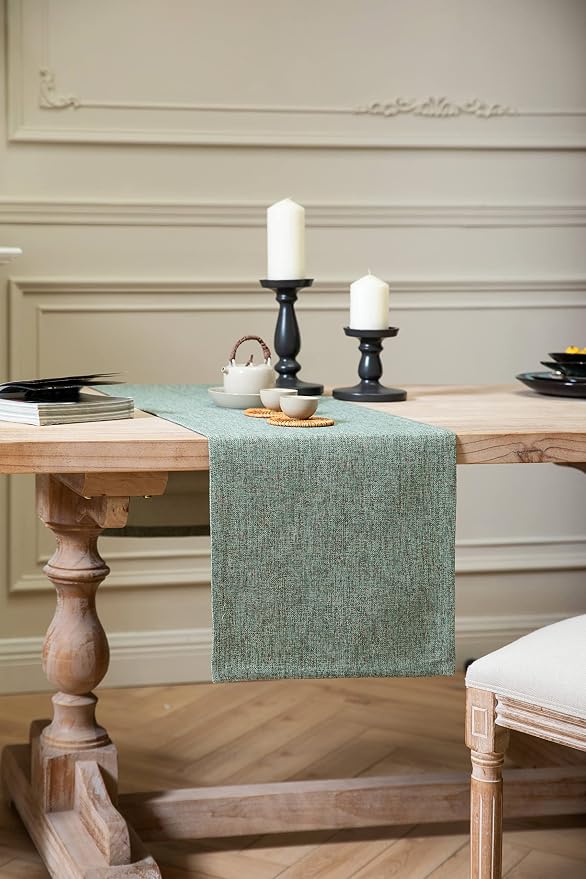 Burlap Style Farmhouse Table Runner, 14x36 Inches Mineral Green | Thick Durable - Image 3